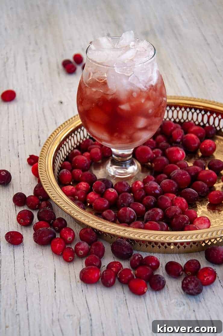 A glass of Purple Haze drink on a gold platter with cranberries all around.