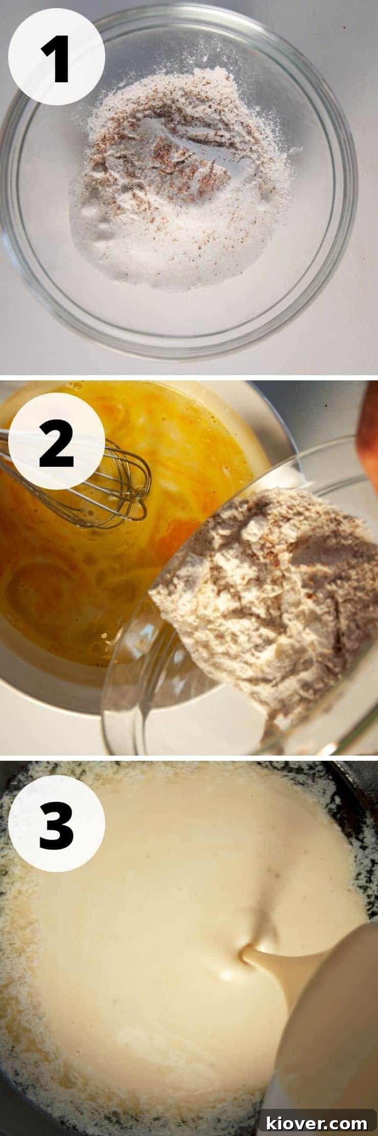 Process pictures showing dry ingredients in a bowl, wet and dry ingredients being mixed, and the combined batter being poured into a buttered cast-iron skillet.