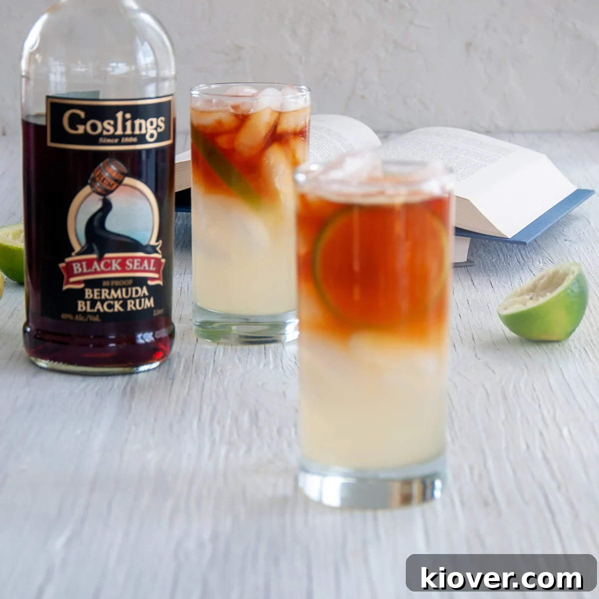 Two Dark 'n Stormy Cocktails with some Goslings Dark Rum in the background