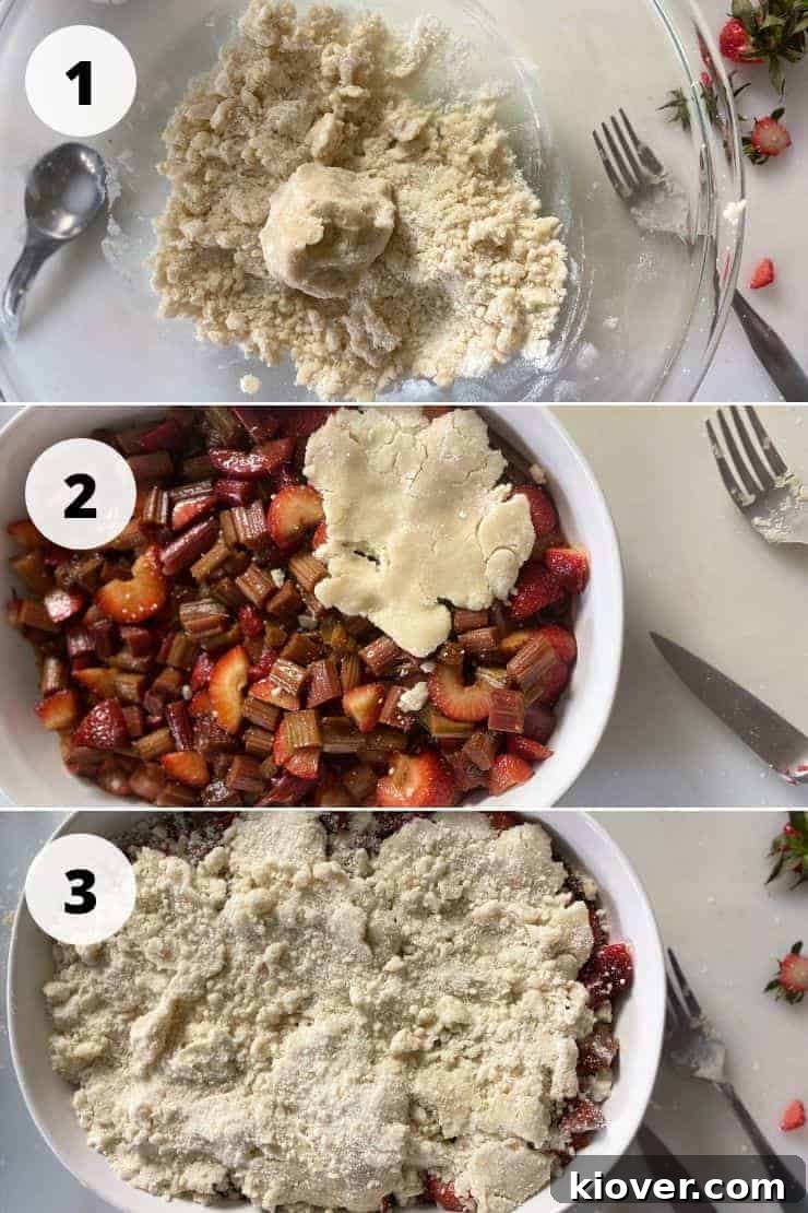 Sweet and Tart Strawberry Rhubarb Cobbler 3 Process pictures 1 - 3 of making Strawberry Rhubarb Cobbler. The first image shows the dough consistency; the second, a formed dough patty; the third, all patties placed with sprinkled crumbs.