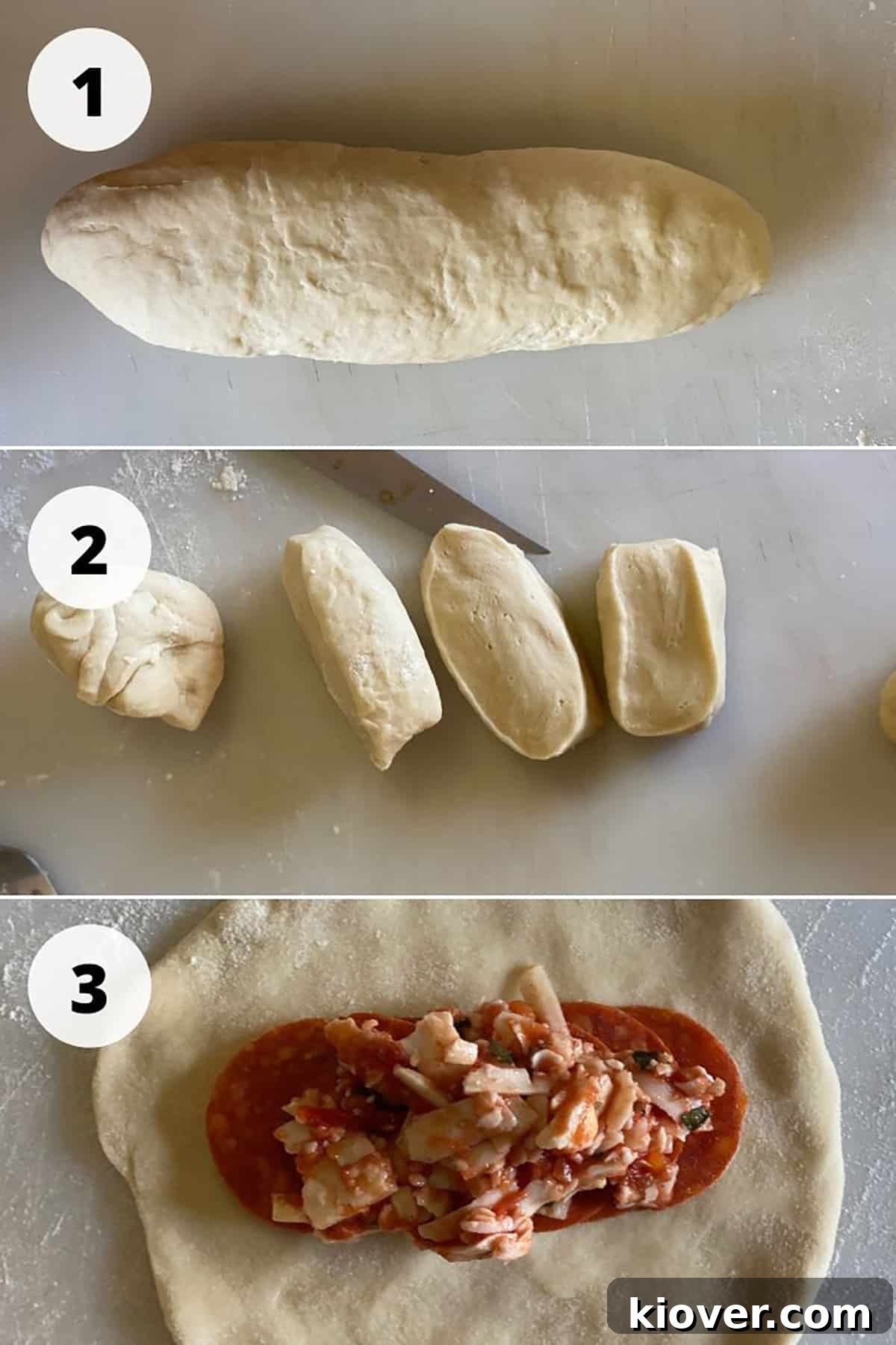 Three process images showing Panzerotti dough preparation: 1) Dough rolled out, 2) Dough divided into six equal portions on a cutting board, 3) A single stretched dough disk with pepperoni and filling applied.