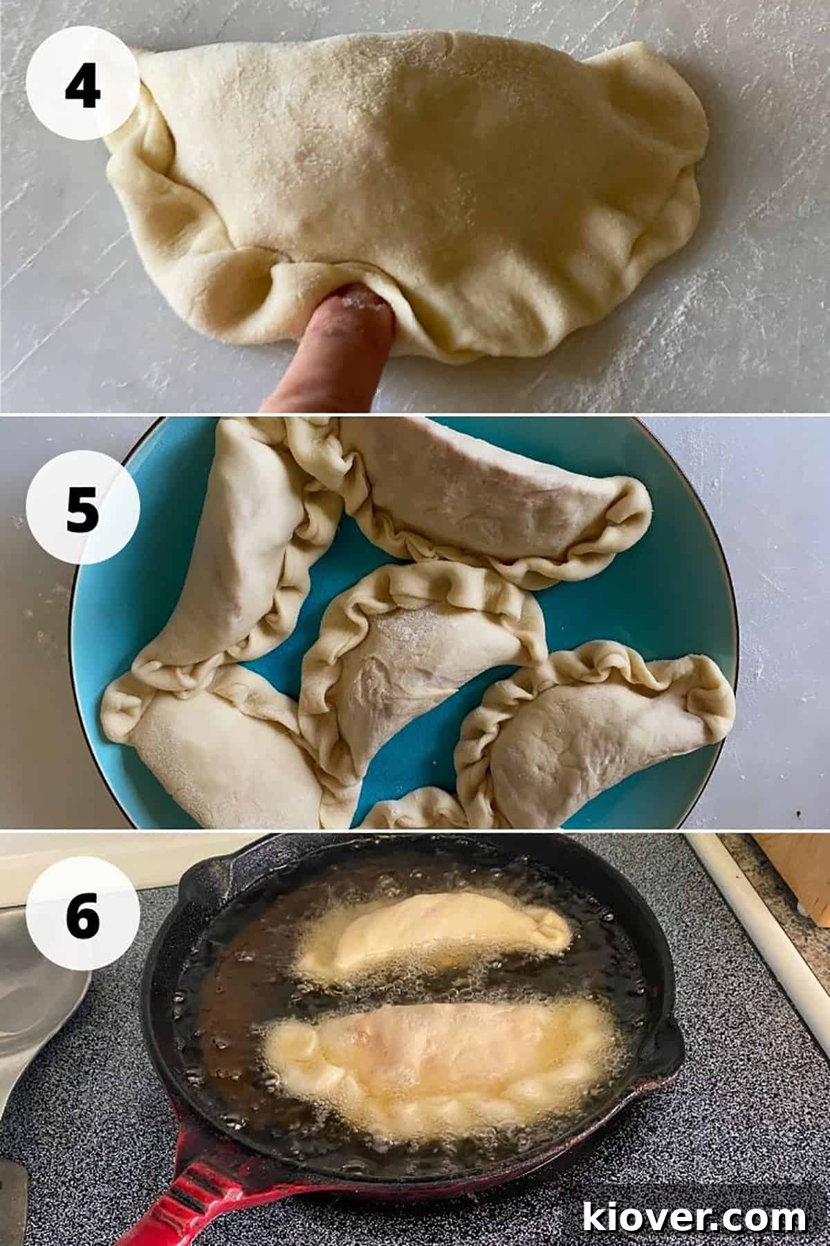 Three process images depicting the cooking of Panzerotti: 1) Forming the pockets, 2) Frying in shallow oil, 3) Golden-brown finished Panzerotti draining on paper towels.