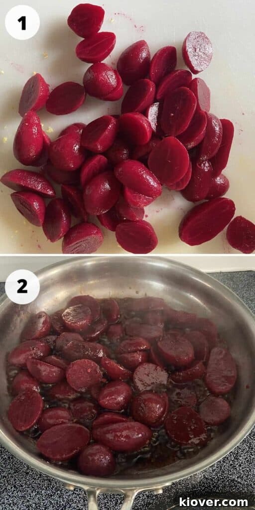 Fried Beet Process Pictures - shows boiled beets and beets being glazed.