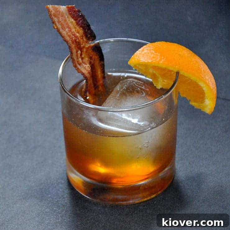 A stunning Bacon Bourbon Maple Old Fashioned cocktail, garnished with a crispy bacon strip and orange peel, ready to be enjoyed.