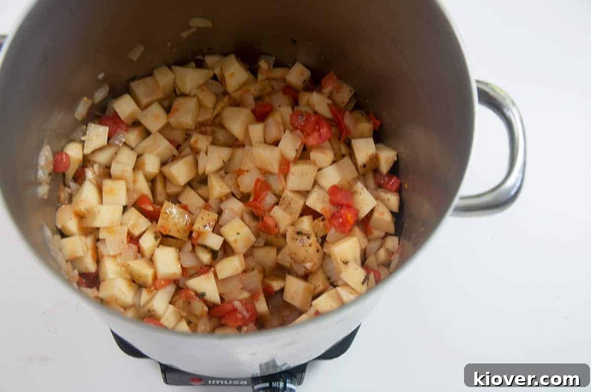 Pot of potato, onion, tomato, and oregano cooking over medium heat on a white table, showcasing the initial stages of soup preparation.