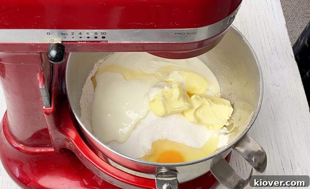 Creamy ingredients, butter, egg, flour, and sugar in KitchenAid mixing bowl.