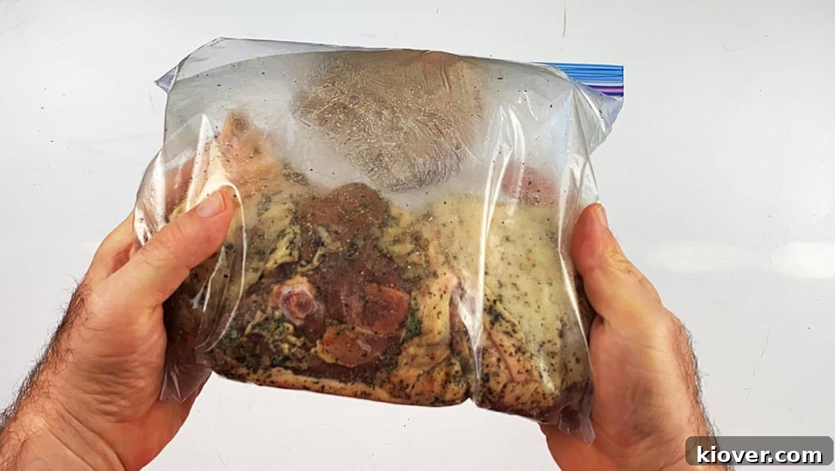 Raw chicken thighs and seasoning in a gallon bag being shaked to spread the seasoning around.