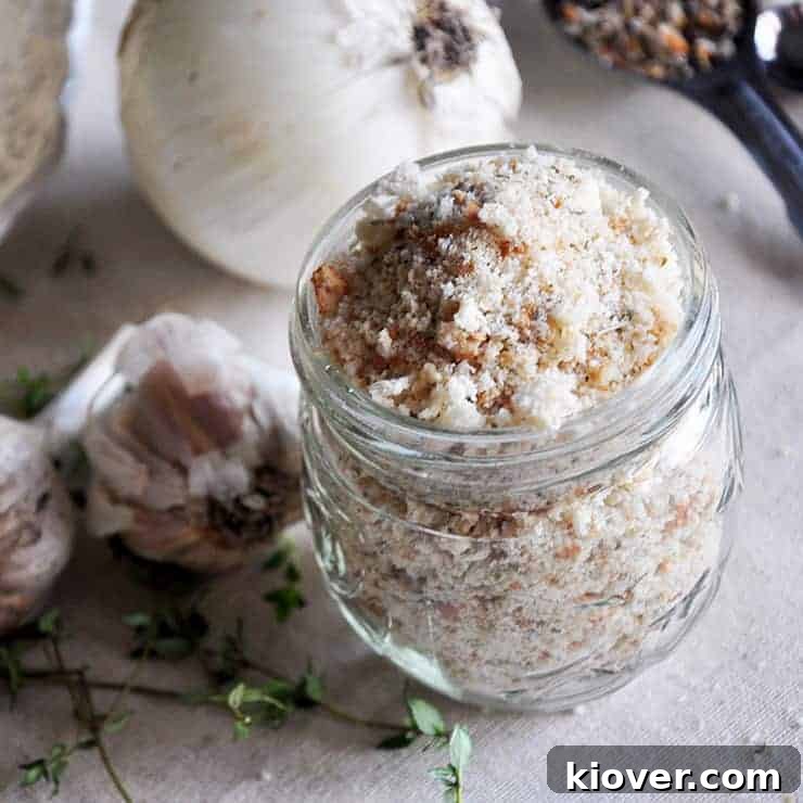 Freshly made homemade breadcrumbs in a mason jar, ready for use.