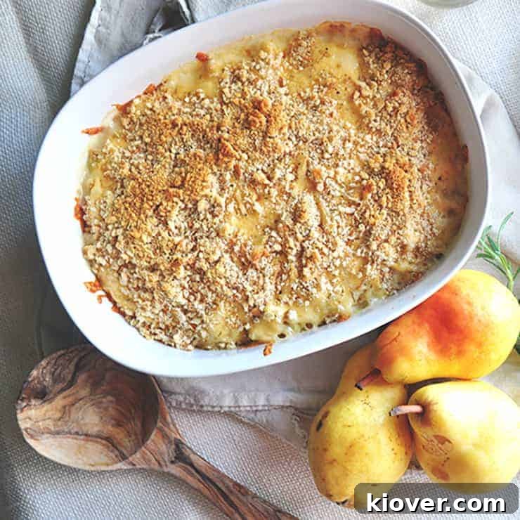 Whole baked Gouda Macaroni and Cheese casserole, golden and bubbly from the oven