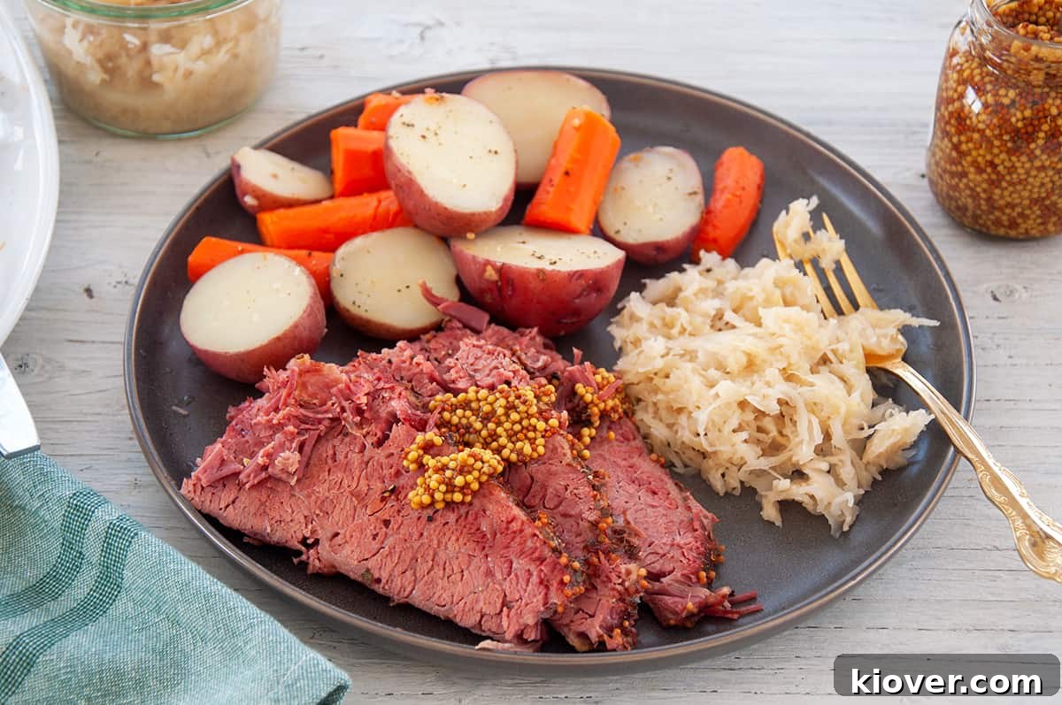 Corned Beef cuts, covered with whole grain mustard, and potatoes, carrots, and sauerkraut on the side of a plate.