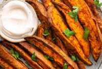 Crispy Air Fryer Sweet Potato Wedges with Garlic Herb Dip