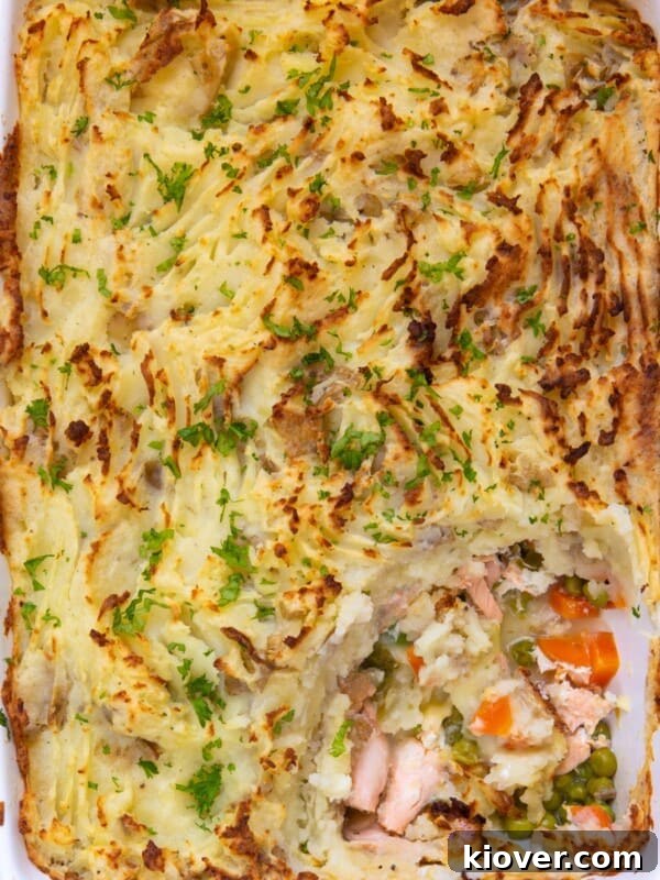 Salmon Pie in a baking dish.