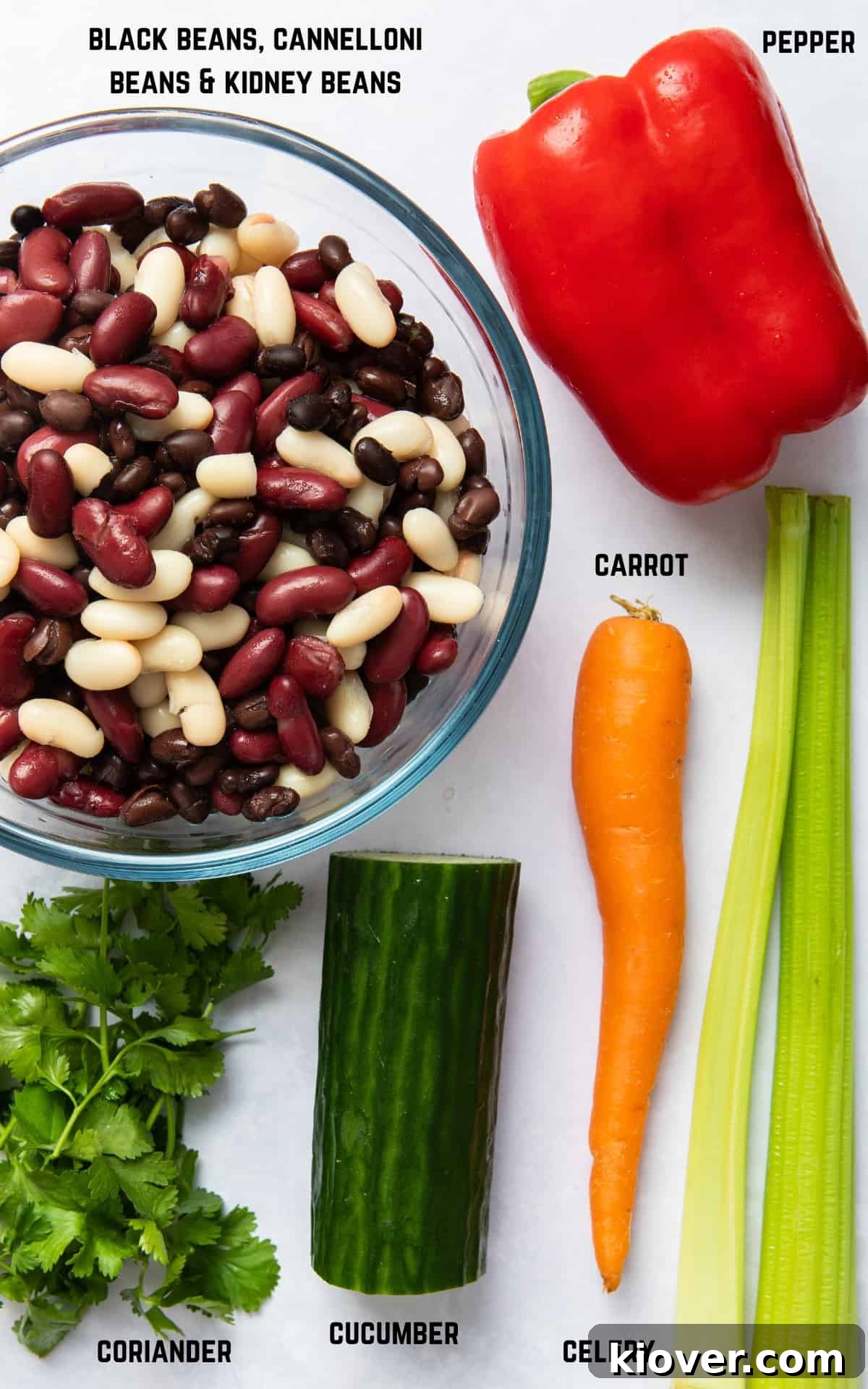 ingredients to make mixed bean salad on white surface.