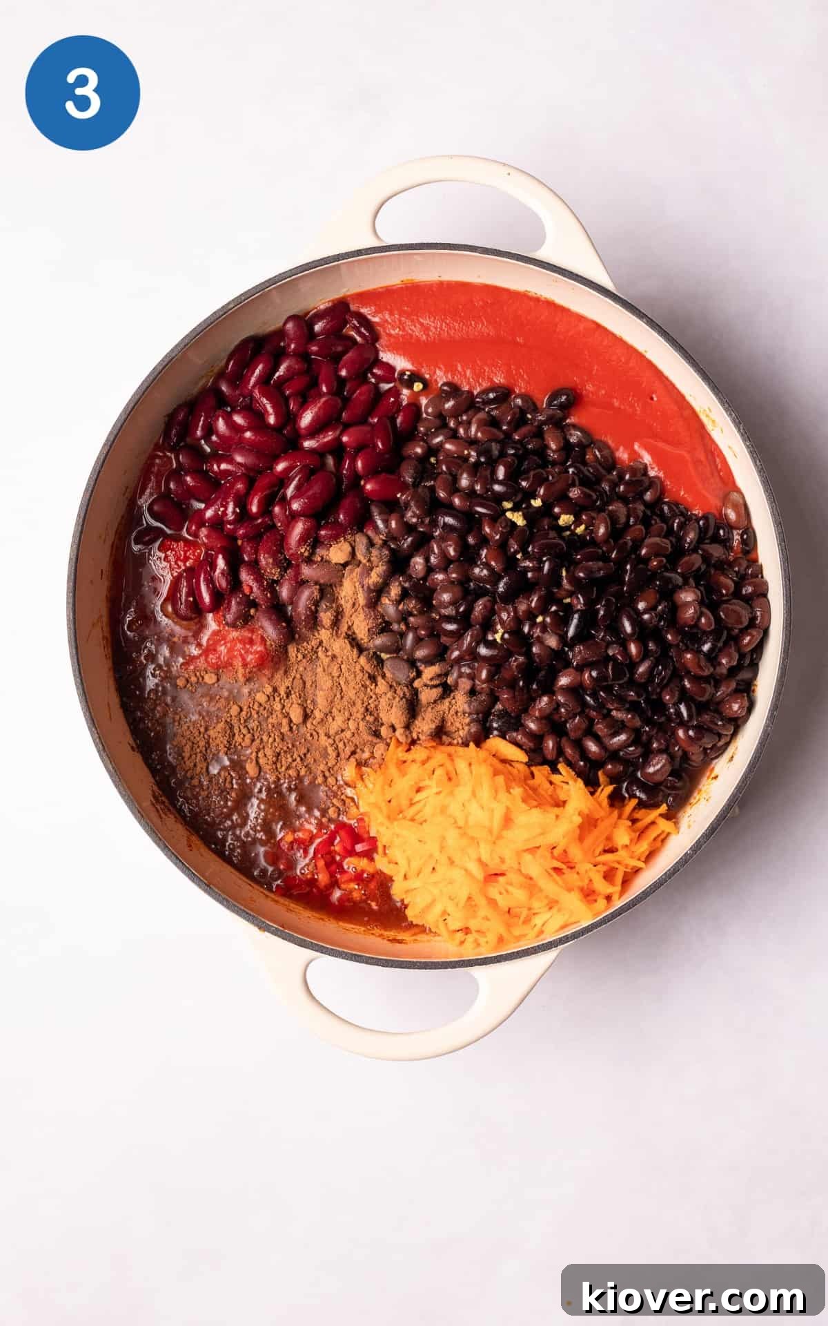 Hearty Vegan Chili Recipe with Beans and Smoky Spices 6 Vegan Chili ingredients mixed together.