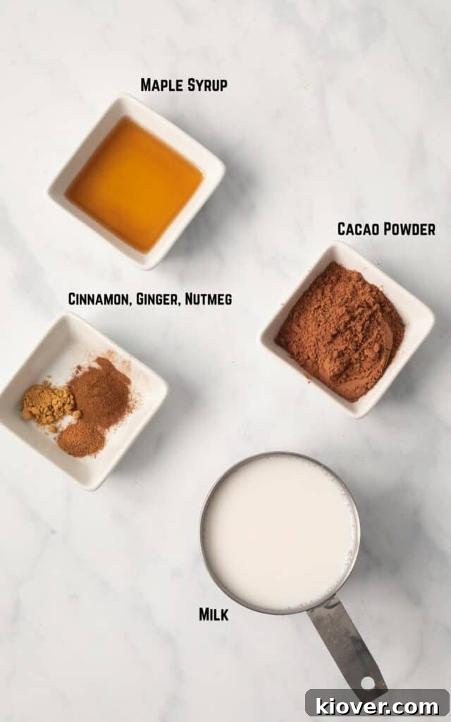 a top view of the ingredients needed to make this hot chocolate including Maple Syrup, Cacao Powder, Cinnamon, Ginger, Nutmeg, and Milk.