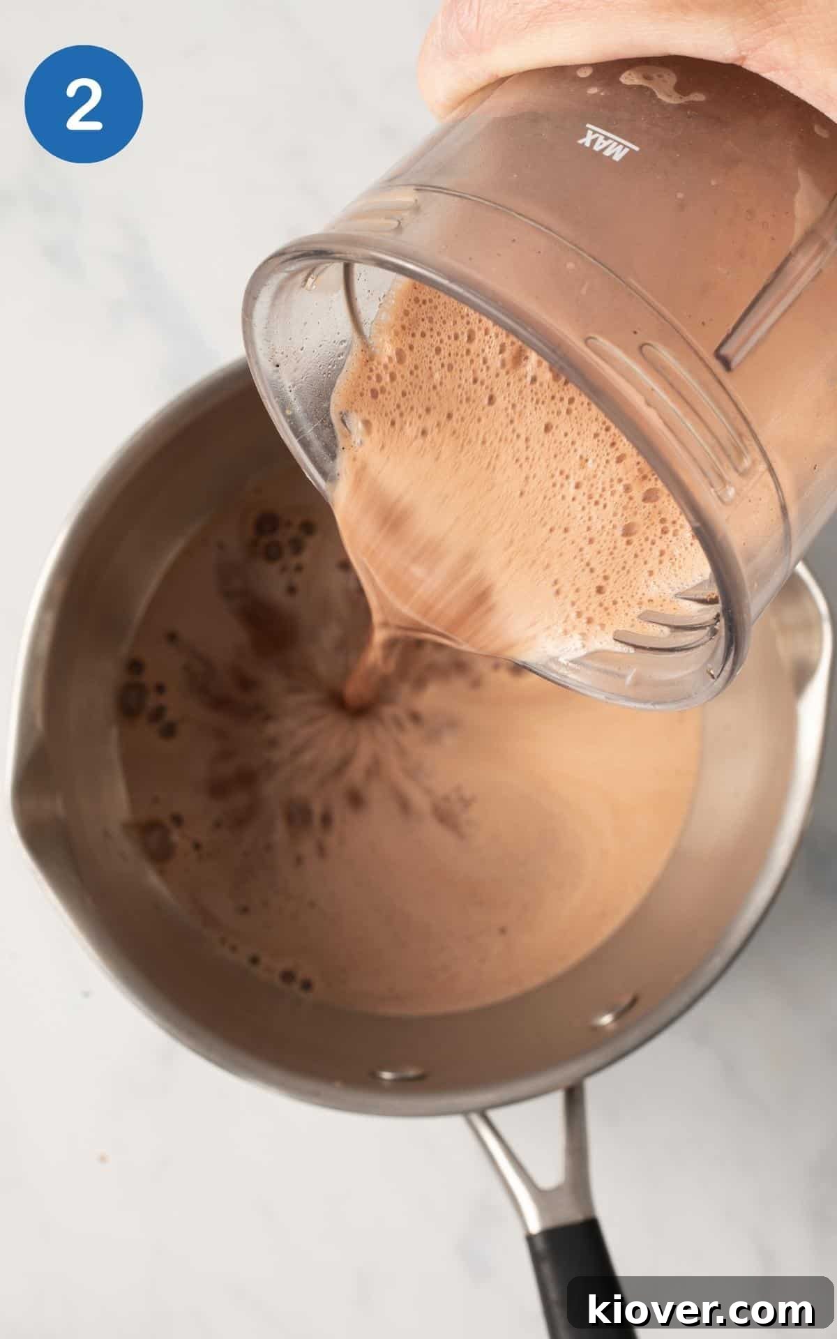 Pouring mixed Maple Syrup, Cacao Powder, Cinnamon, Ginger, Nutmeg, and Milk to a saucepan.