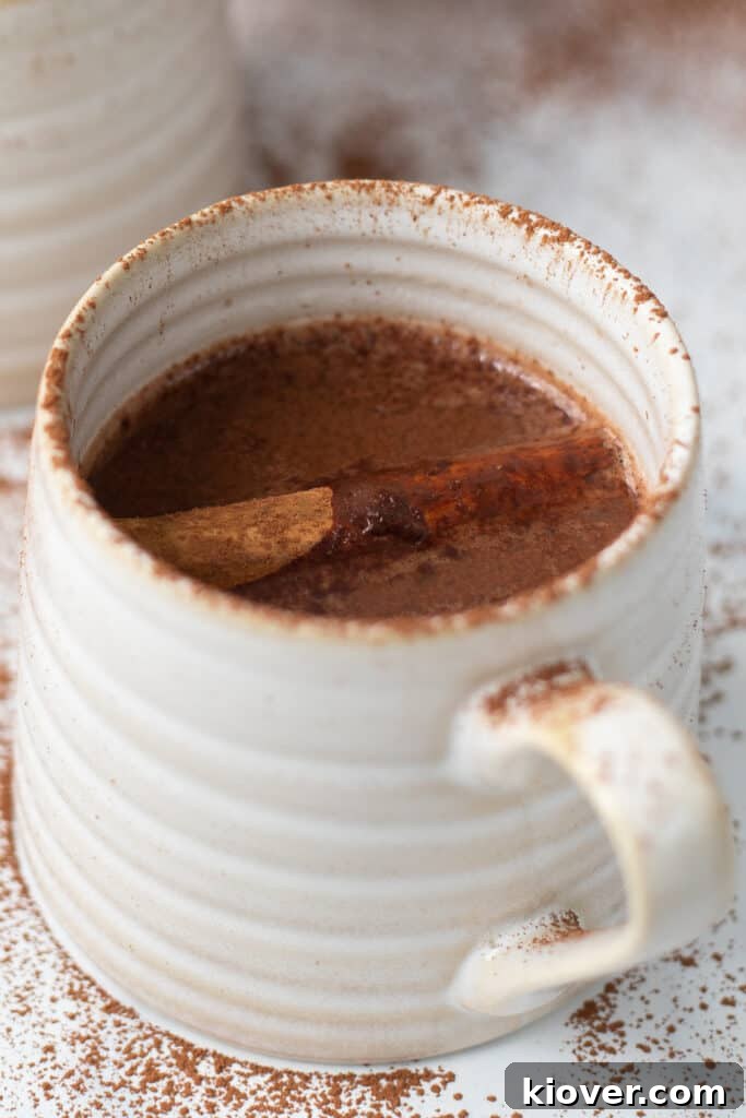 a closeup of this homemade Christmas Hot Chocolate in a white coffee mug garnished with cacao powder and cinnamon sticks.