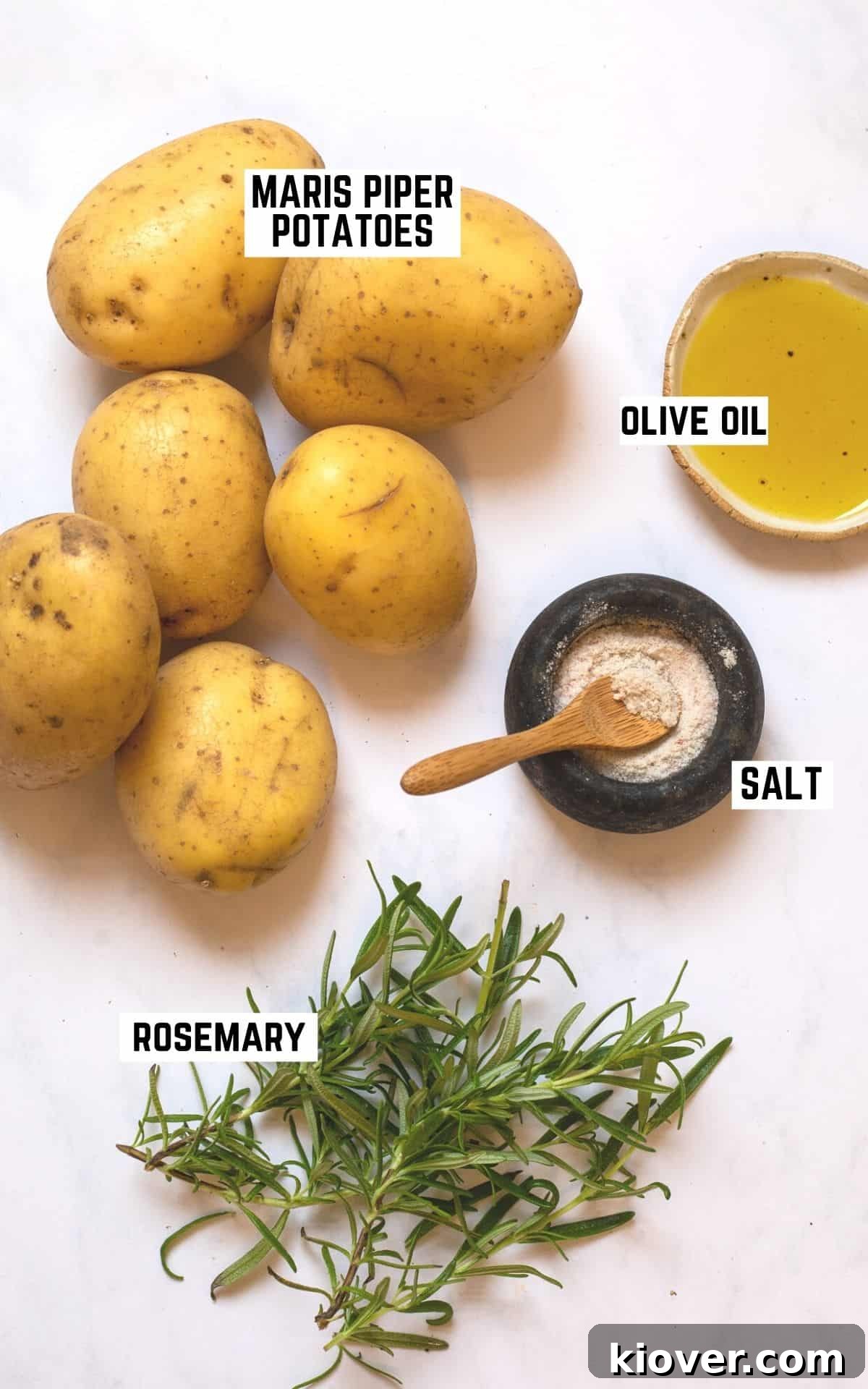 ingredient flatlay for roast potatoes: maris piper potatoes, olive oil, salt, and fresh rosemary.