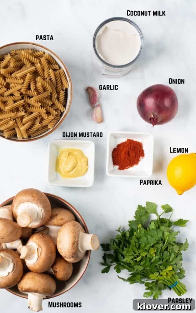 overhead view of labeled ingredients including pasta, Coconut milk, garlic, Onion, Lemon, Dijon mustard, Paprika, Mushrooms, Parsley.