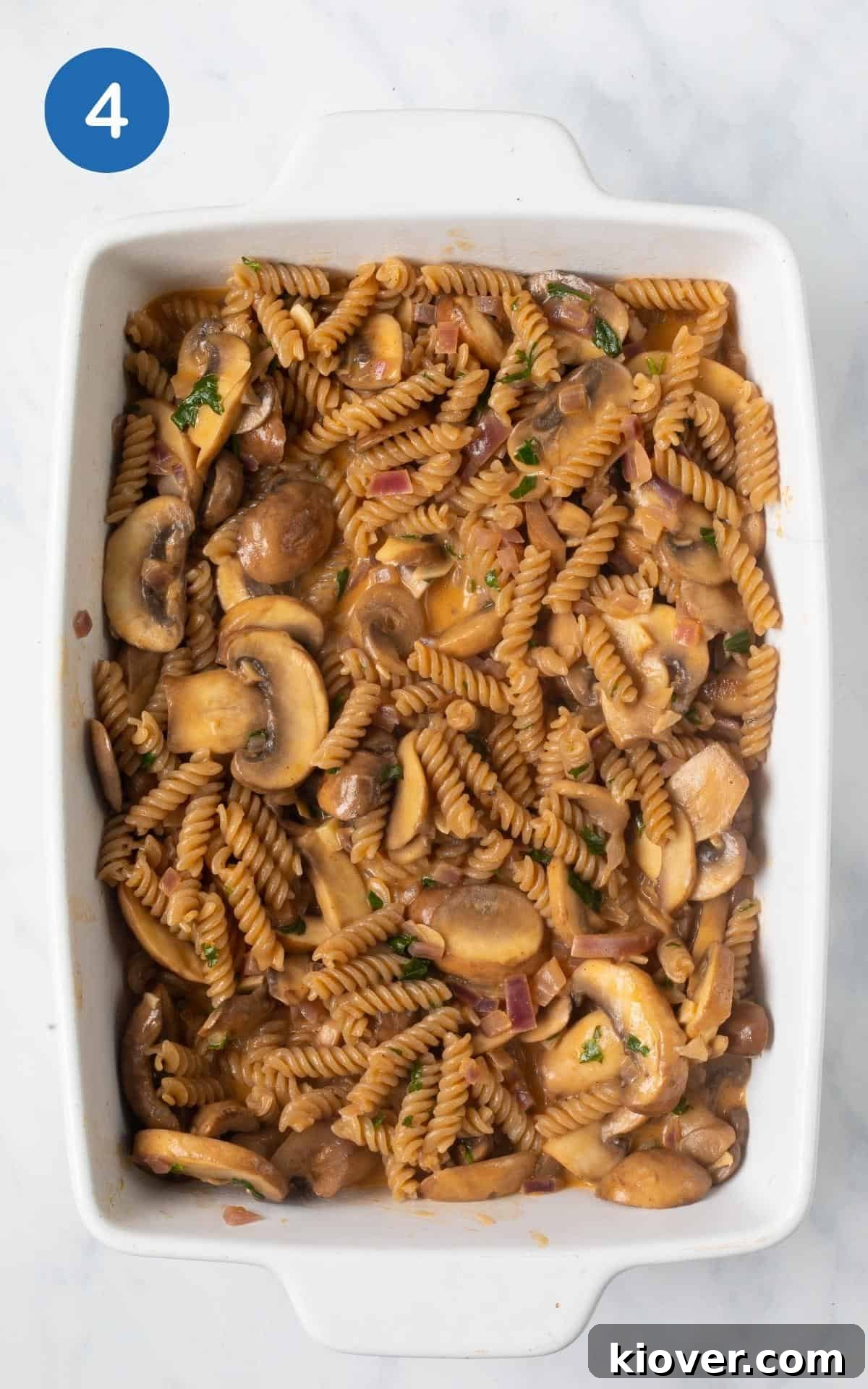 overhead view of this vegan stroganoff recipe in a white baking plate.