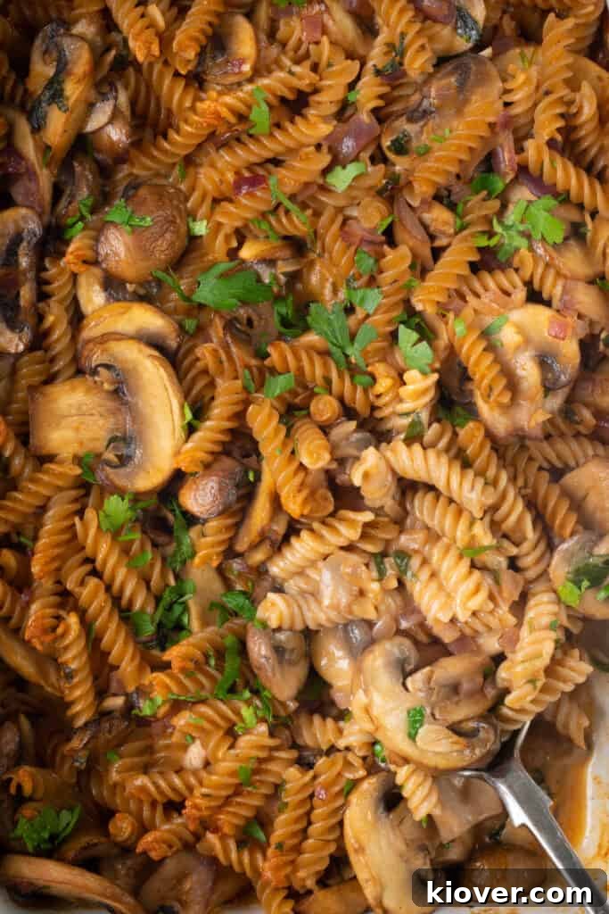 vegan stroganoff recipe close up from over head.