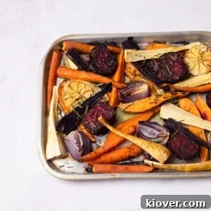 Roasted Root Vegetables on a roasting tray.