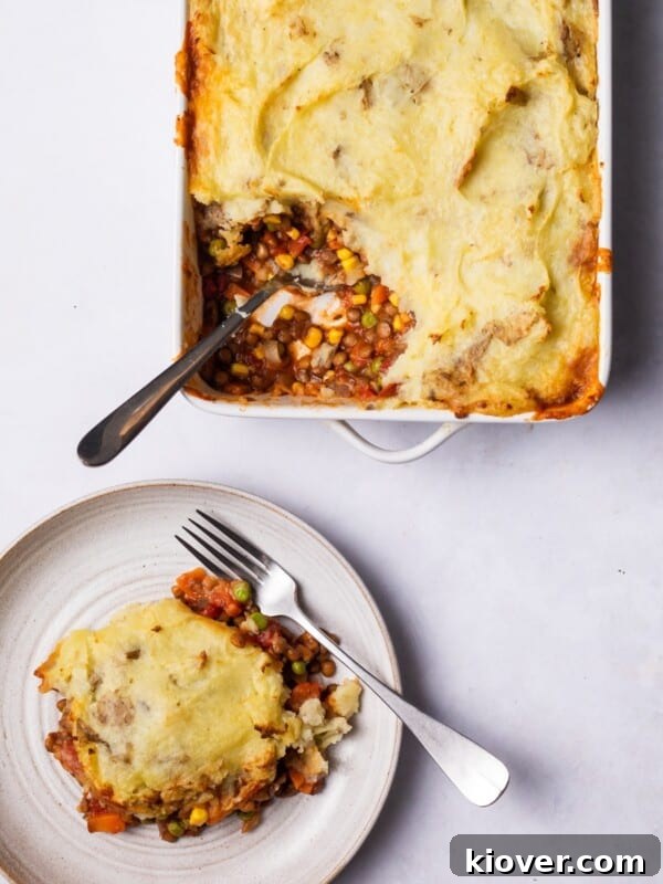 Crispy Vegan Sausage Rolls: Flaky Pastry with Savory Filling 13 Lentil Cottage Pie served on a plate.