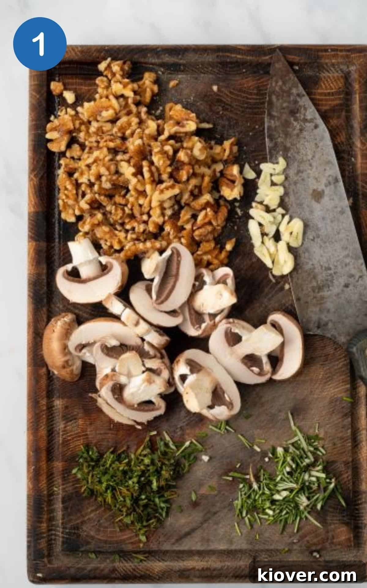 Crispy Vegan Sausage Rolls: Flaky Pastry with Savory Filling 4 Chopped Rosemary, Thyme, Garlic, Walnuts, Mushrooms on a chopping board.