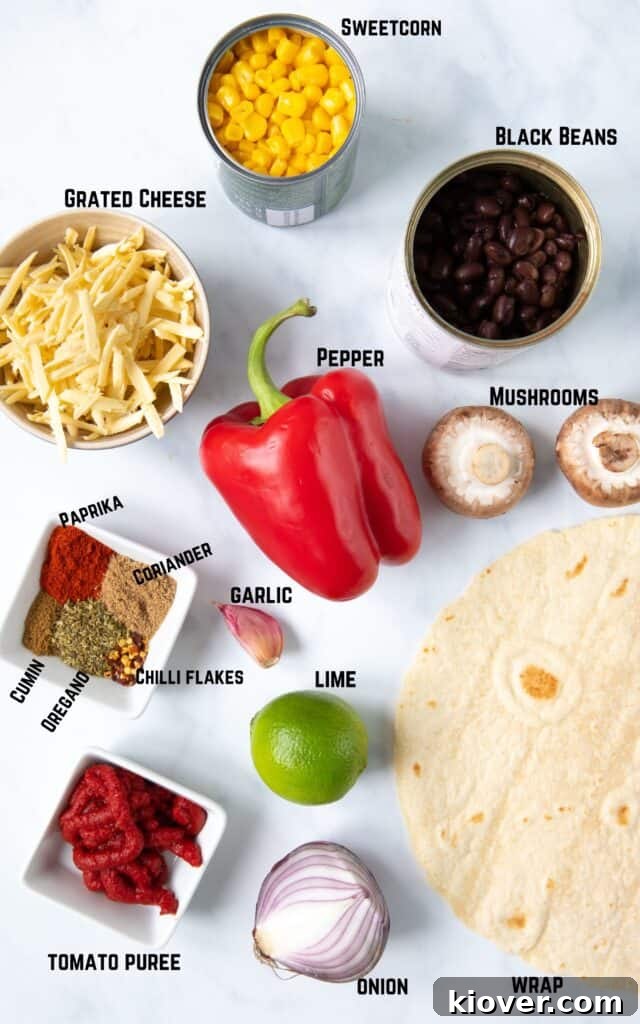 Black Bean Quesadillas with Melty Cheese and Fresh Salsa 3 ingredients, sweetcorn, cheese, black beans, pepper, mushrooms, spices, lime, tomato puree, onion, wraps.