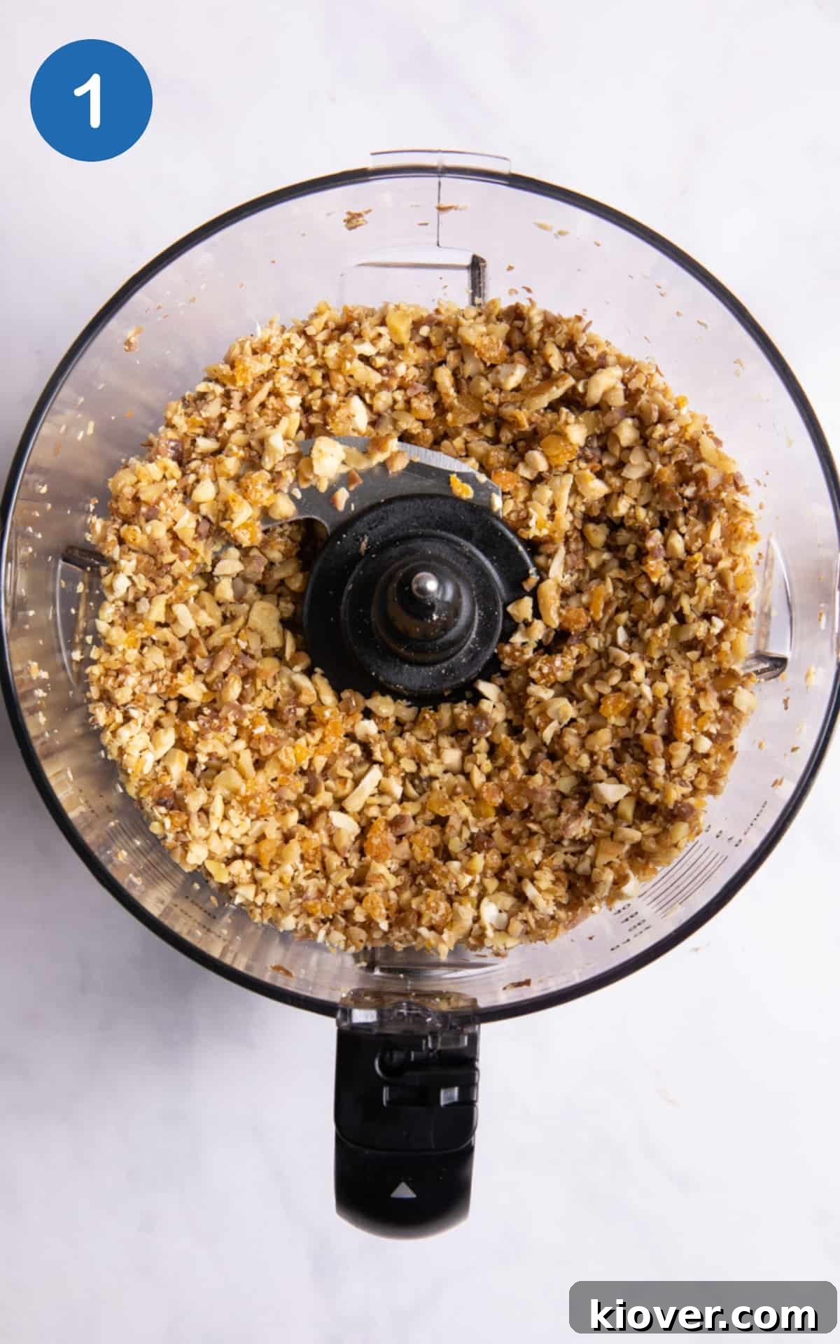 Nuts and apricots blended in a food processor.