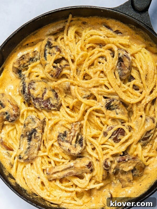 Creamy Mushroom Gravy Recipe for Roast and Mashed Potatoes 12 Mushroom Alfredo in a pan.