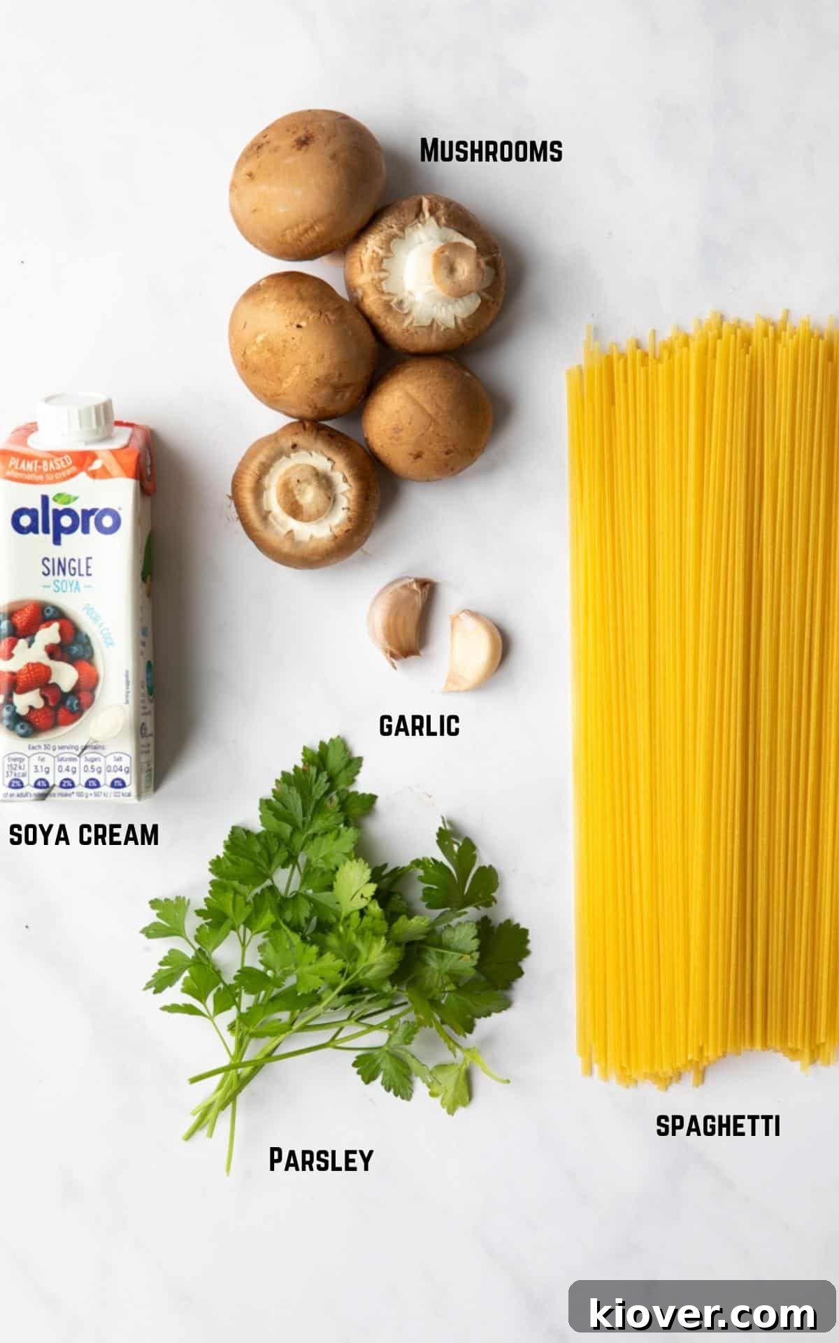 Creamy Vegan Mushroom Pasta Recipe for Dinner Nights 3 Ingredients for Vegan Mushroom Pasta recipe laid out on a white marble background.
