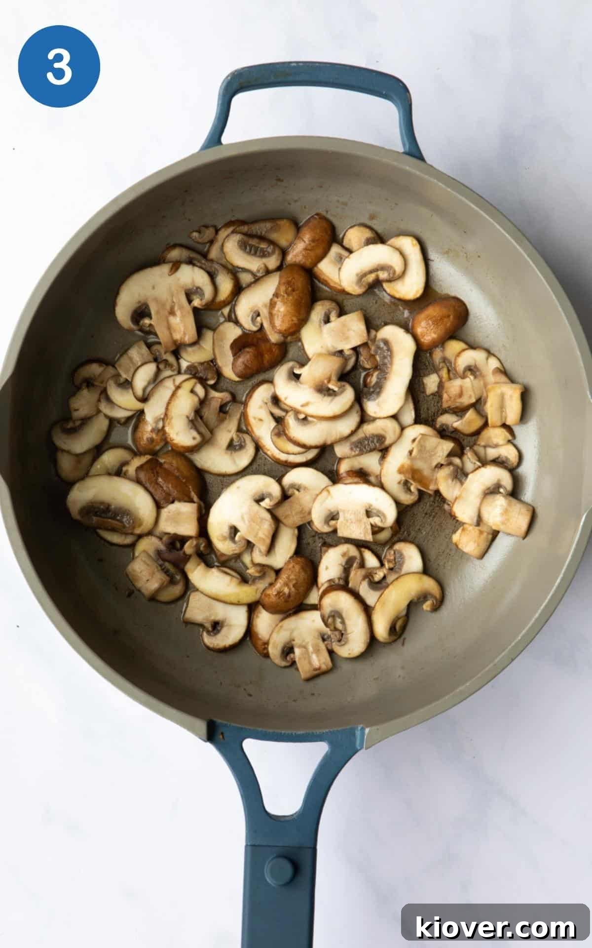 Creamy Vegan Mushroom Pasta Recipe for Dinner Nights 6 Mushrooms browning in a frying pan.