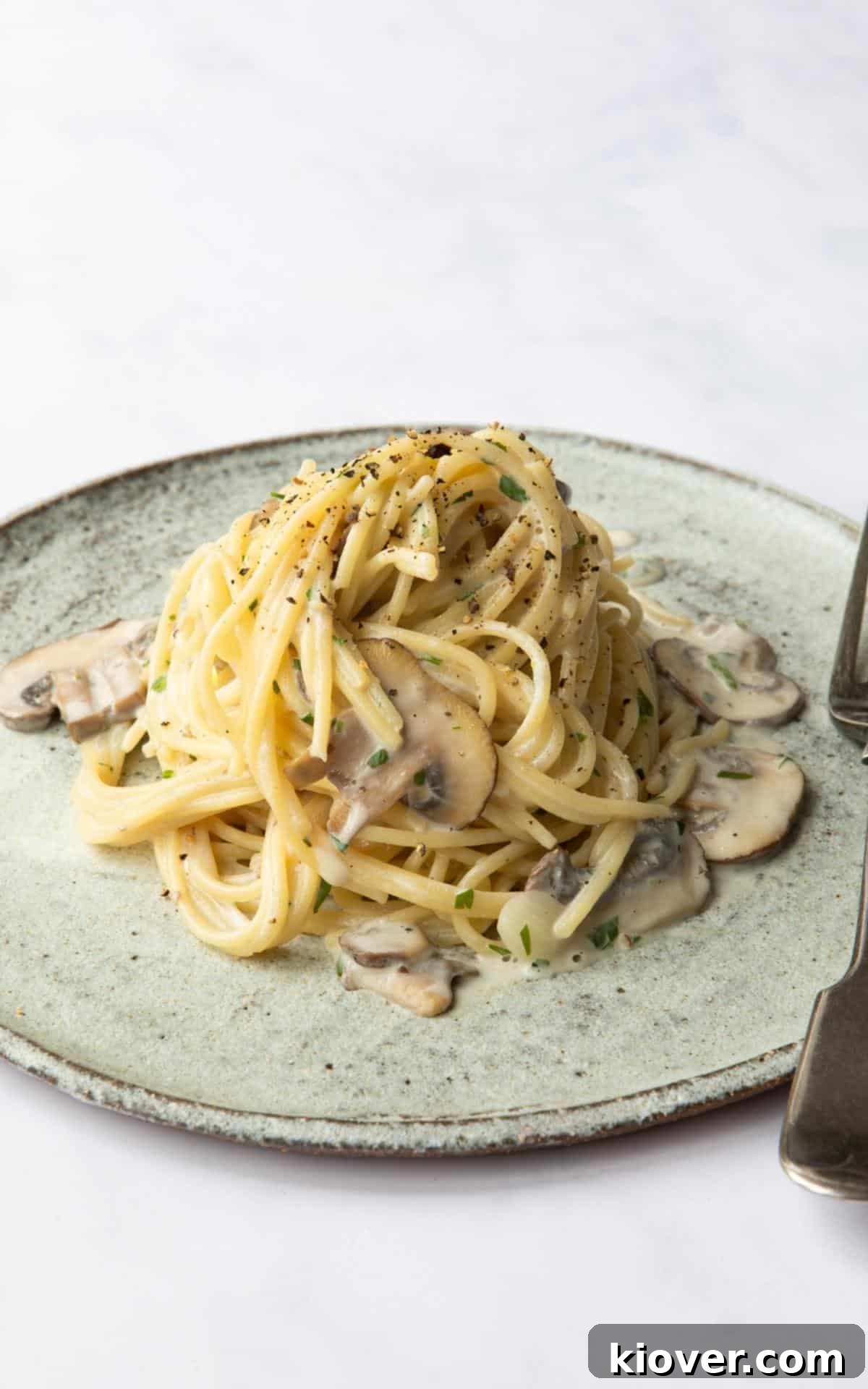 Creamy Vegan Mushroom Pasta Recipe for Dinner Nights 9 Close up of creamy mushroom pasta on a plate with a fork.