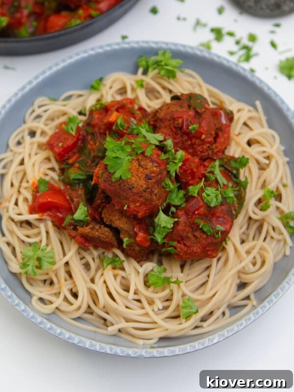 Creamy Vegan Lasagna with Spinach and Cashew Ricotta 13 vegan meat balls on bed of spaghetti