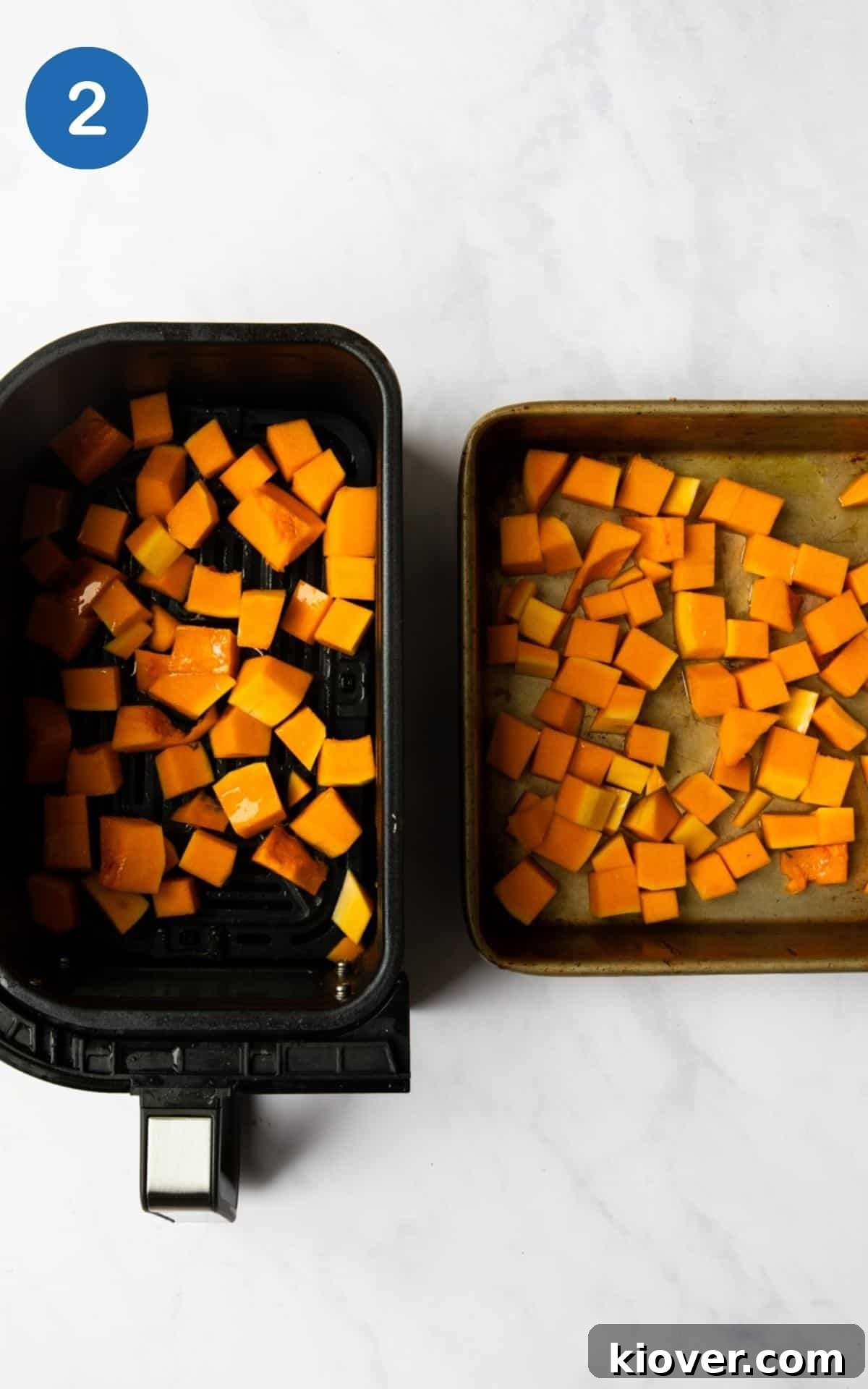 Butternut squash displayed in a baking tray on the right hand side and butternut squash displayed in an air fryer drawer on the left hand side to demonstrate the two different cooking styles available. 