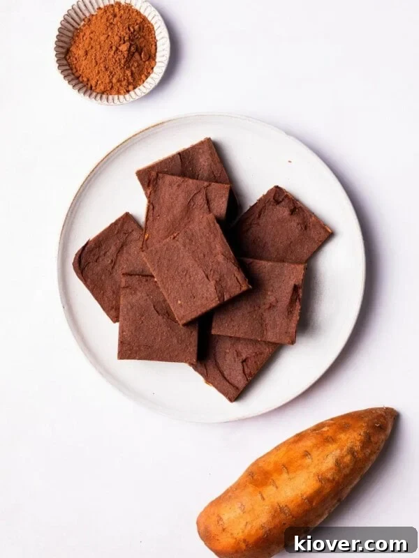 Sweet Potato Brownies sliced in cubes on a plate.