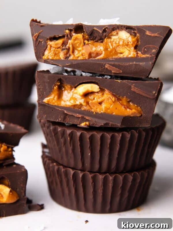 No-Bake Rice Krispie Treat Cakes Recipe for Parties and Gifts 10 peanut butter cups stacked.