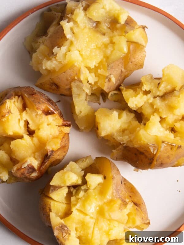 Slow Cooker Vegan Chili Recipe for Busy Weeknights 9 4 jacket potatoes cut open on a plate with melted butter on top.