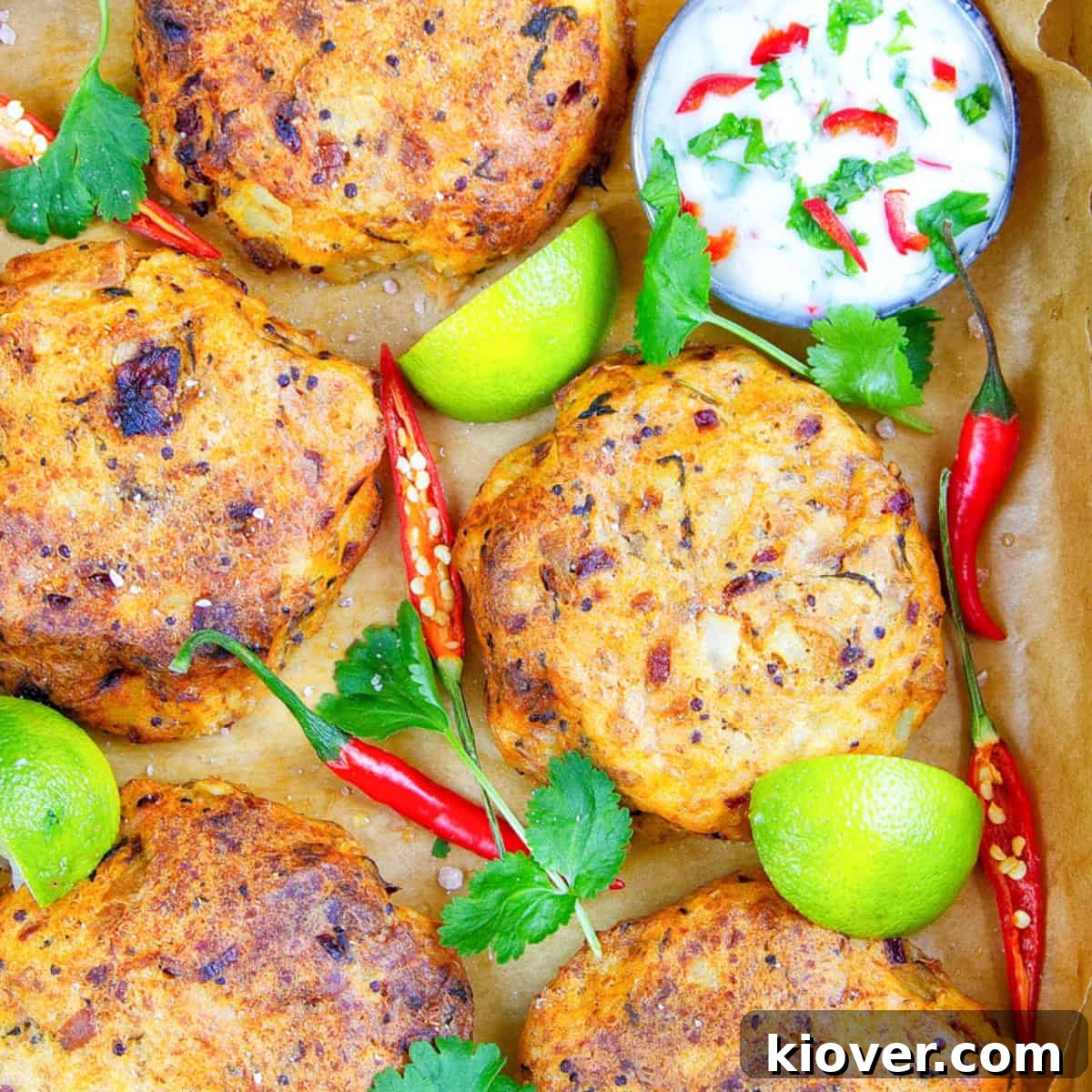 Crispy Potato Cakes Recipe: Fluffy Inside, Golden Outside 2 mashed potato cakes with lime and chilli peppers.