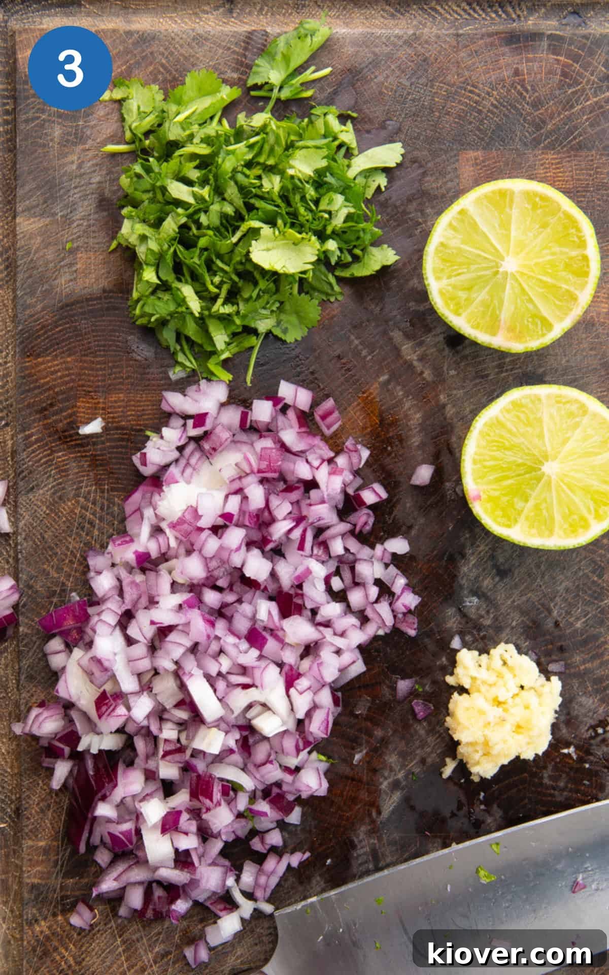 Crispy Potato Cakes Recipe: Fluffy Inside, Golden Outside 6 red onion, garlic, coriander and lime on the cutting board.