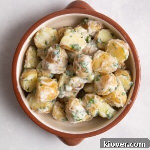 Creamy Yogurt Potato Salad with Fresh Herbs 14 overhead shot of potato salad in brown/orange bowl on white surface.