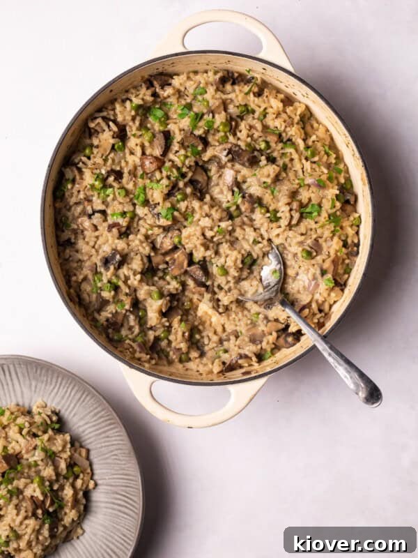 One-Pot Creamy Tomato Risotto Recipe 12 Vegan Mushroom Risotto served on a plate and in a serving dish.