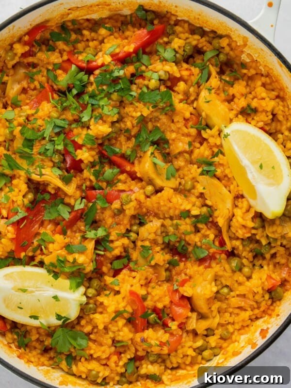 One-Pot Creamy Tomato Risotto Recipe 13 overhead shot of paella in large white pan