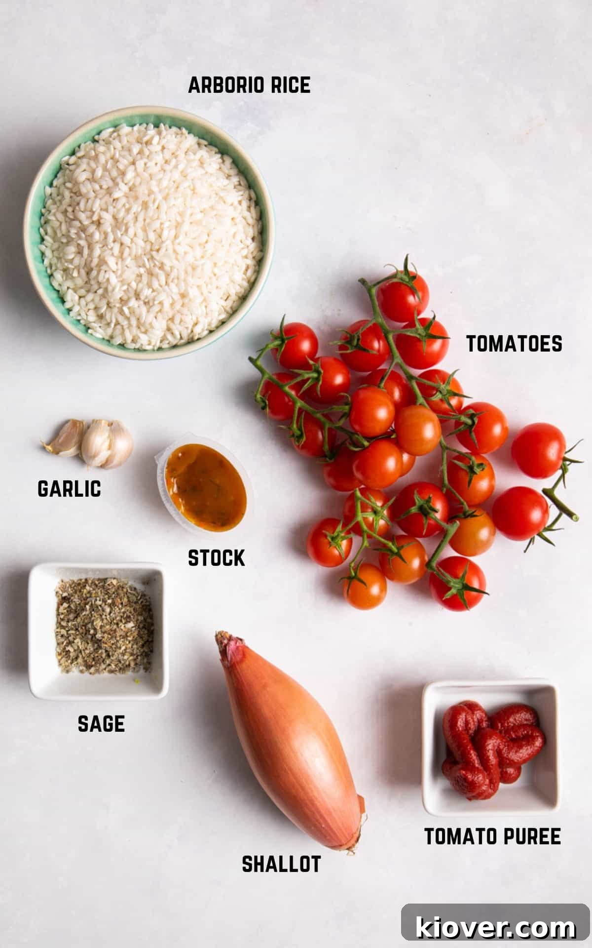 One-Pot Creamy Tomato Risotto Recipe 3 Ingredients to make tomato risotto on white surface.
