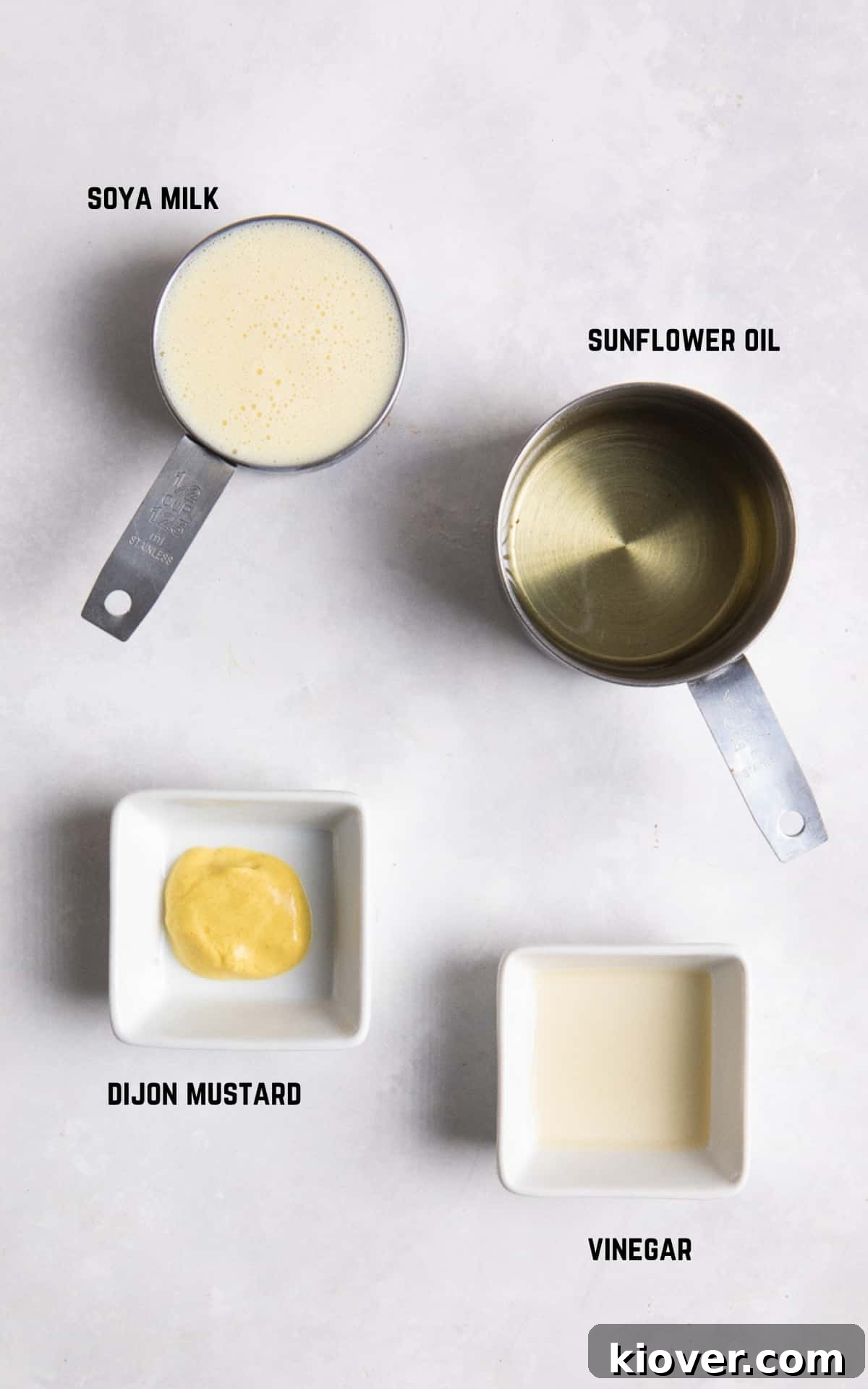 Creamy Vegan Mayonnaise Recipe: Homemade Egg-Free Mayo 3 4 ingredients on a white background.