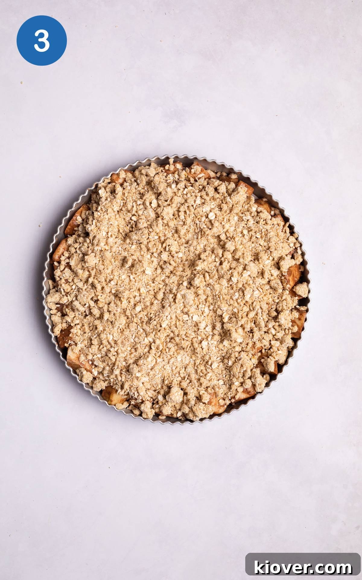oat crumble topping in a baking tray.