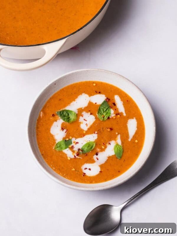 Creamy Roasted Parsnip Soup Recipe with Garlic and Thyme 9 Roasted Tomato Soup with vegan cream and fresh basil on top.