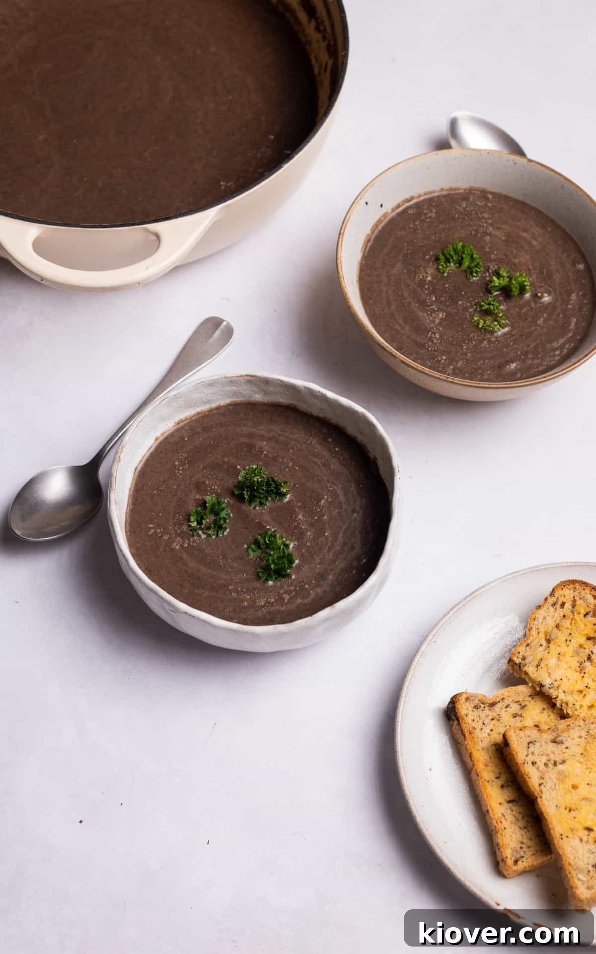 Creamy Wild Mushroom Soup Recipe for Cozy Weeknights 9 mushroom soup served in a bowl with toasted bread on the side.