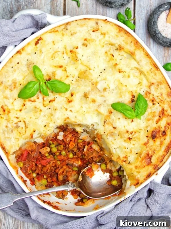 Vegan Shepherd’s Pie served in a dish.